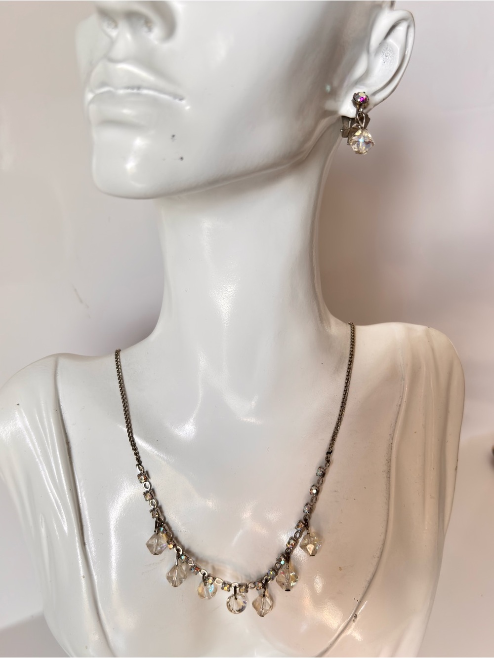 Vintage Necklace and earrings set AB Drops Beads Claw Set Rhinestones